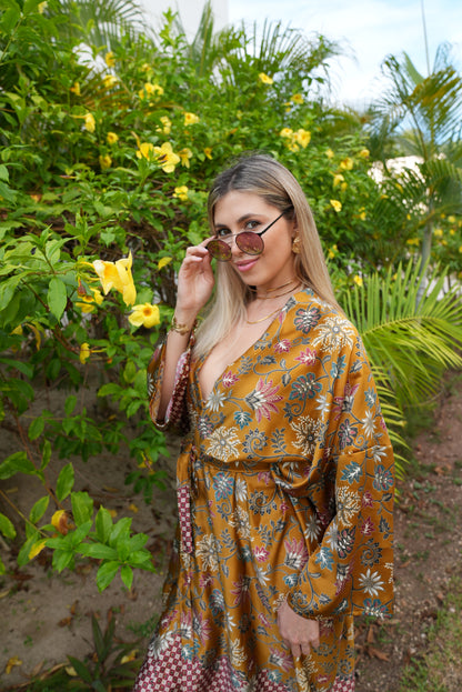 Floral Kimono Robe, Bali Batik Style Cover Up, Silky Boho Loungewear for Women