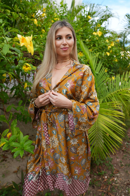 Floral Kimono Robe, Bali Batik Style Cover Up, Silky Boho Loungewear for Women