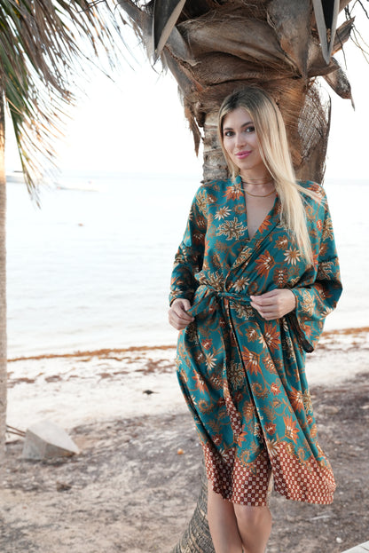 Green Floral Kimono Robe: Boho Bali Style, S-XXL, Spirit Free from Bali