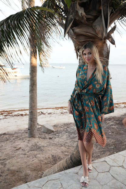 Green Floral Kimono Robe: Boho Bali Style, S-XXL, Spirit Free from Bali