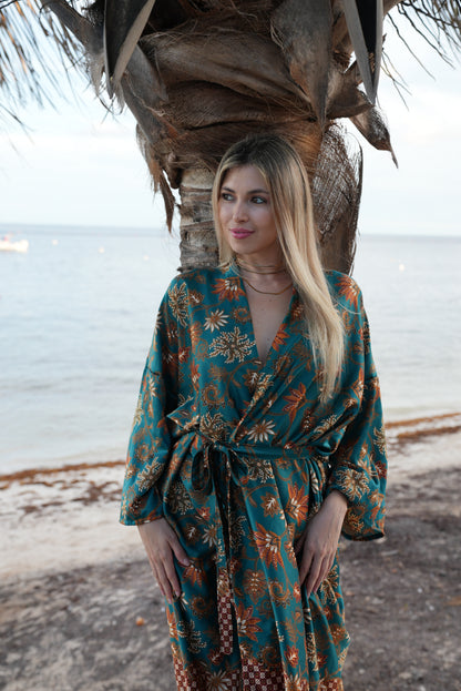 Green Floral Kimono Robe: Boho Bali Style, S-XXL, Spirit Free from Bali