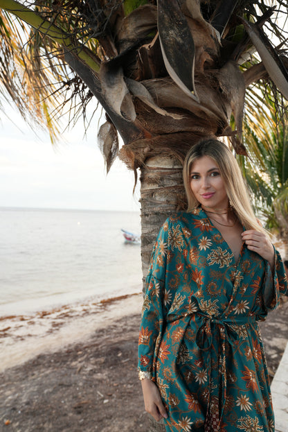 Green Floral Kimono Robe: Boho Bali Style, S-XXL, Spirit Free from Bali