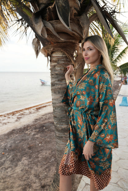 Green Floral Kimono Robe: Boho Bali Style, S-XXL, Spirit Free from Bali