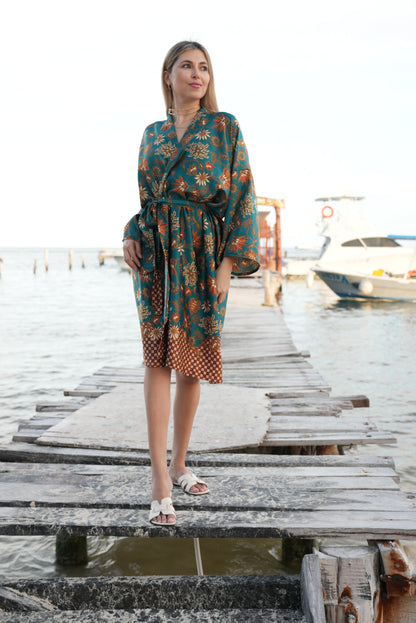 Green Floral Kimono Robe: Boho Bali Style, S-XXL, Spirit Free from Bali