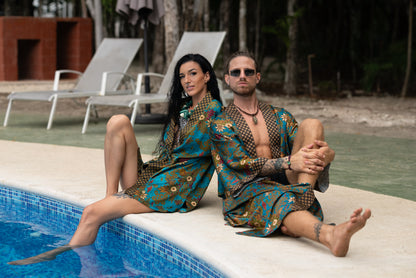 Matching Couple Kimono Robe Set: Silky Indonesia Batik Loungewear