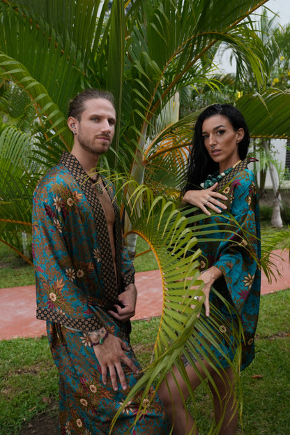 Matching Couple Kimono Robe Set: Silky Indonesia Batik Loungewear