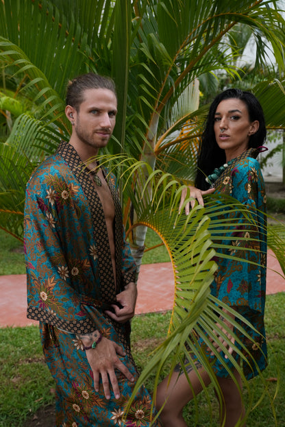 Matching Couple Kimono Robe Set: Silky Indonesia Batik Loungewear