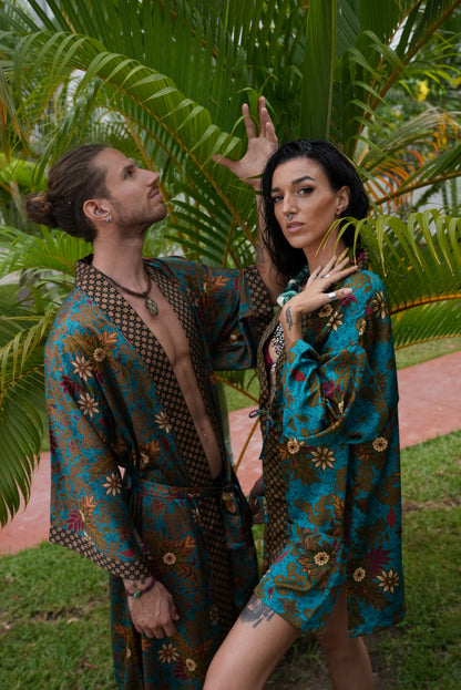 Matching Couple Kimono Robe Set: Silky Indonesia Batik Loungewear