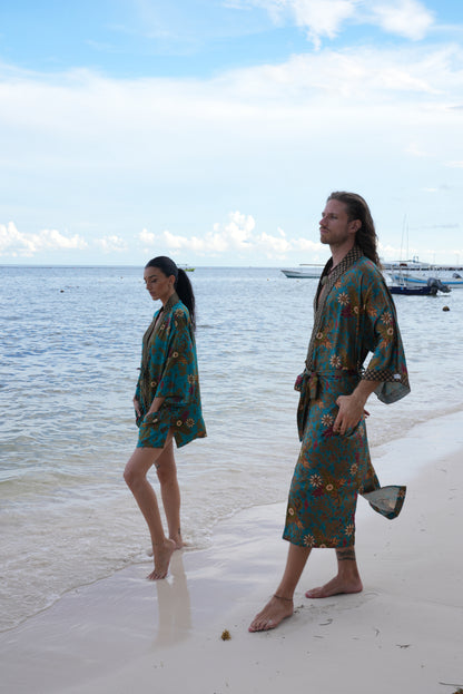 Matching Couple Kimono Robe Set: Silky Indonesia Batik Loungewear