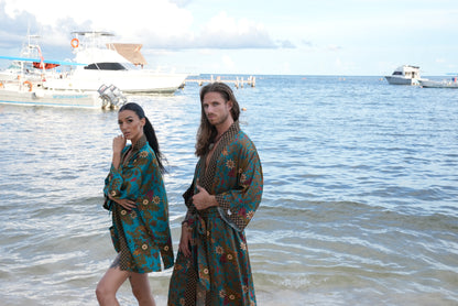 Matching Couple Kimono Robe Set: Silky Indonesia Batik Loungewear