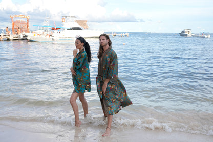 Matching Couple Kimono Robe Set: Silky Indonesia Batik Loungewear