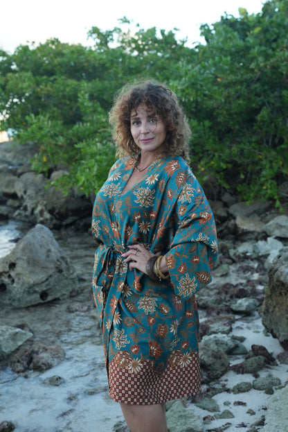 Green Floral Kimono Robe: Boho Bali Style, S-XXL, Spirit Free from Bali