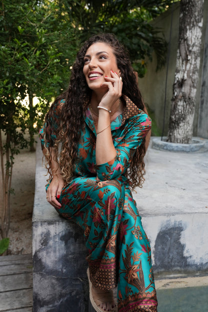 Women Floral 2 Piece Set, Blue Co Ord Outfit with Shirt and Wide Leg Pants, Boho Matching Set, Resort Wear