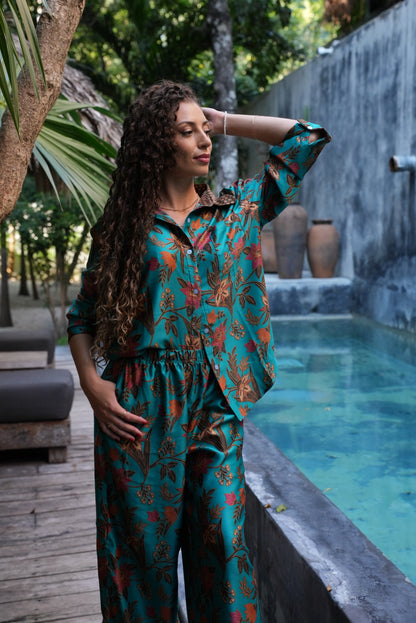 Women Floral 2 Piece Set, Blue Co Ord Outfit with Shirt and Wide Leg Pants, Boho Matching Set, Resort Wear