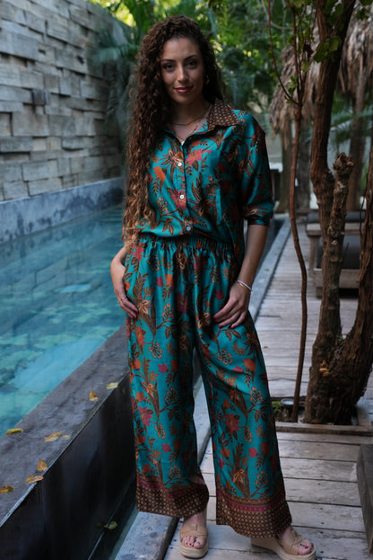 Women Floral 2 Piece Set, Blue Co Ord Outfit with Shirt and Wide Leg Pants, Boho Matching Set, Resort Wear