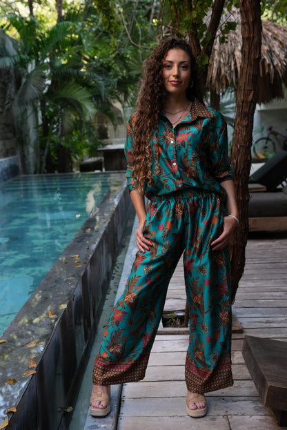 Women Floral 2 Piece Set, Blue Co Ord Outfit with Shirt and Wide Leg Pants, Boho Matching Set, Resort Wear
