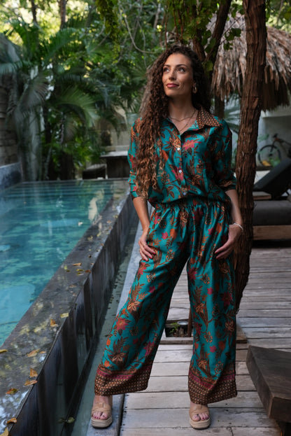 Women Floral 2 Piece Set, Blue Co Ord Outfit with Shirt and Wide Leg Pants, Boho Matching Set, Resort Wear