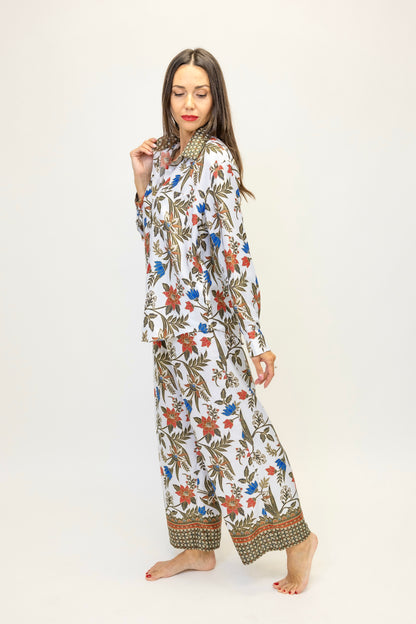 Women Floral 2 Piece Set, White Co Ord Outfit with Shirt and Wide Leg Pants, Boho Matching Set, Resort Wear