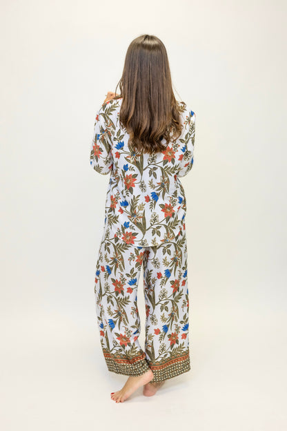 Women Floral 2 Piece Set, White Co Ord Outfit with Shirt and Wide Leg Pants, Boho Matching Set, Resort Wear