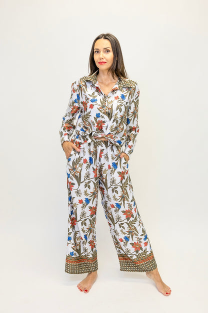 Women Floral 2 Piece Set, White Co Ord Outfit with Shirt and Wide Leg Pants, Boho Matching Set, Resort Wear