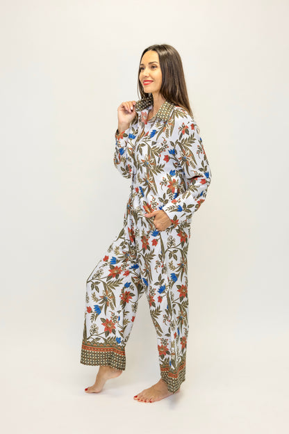 Women Floral 2 Piece Set, White Co Ord Outfit with Shirt and Wide Leg Pants, Boho Matching Set, Resort Wear