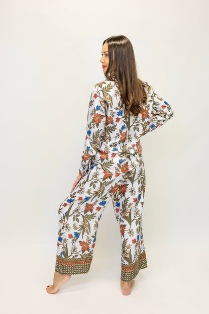 Women Floral 2 Piece Set, White Co Ord Outfit with Shirt and Wide Leg Pants, Boho Matching Set, Resort Wear