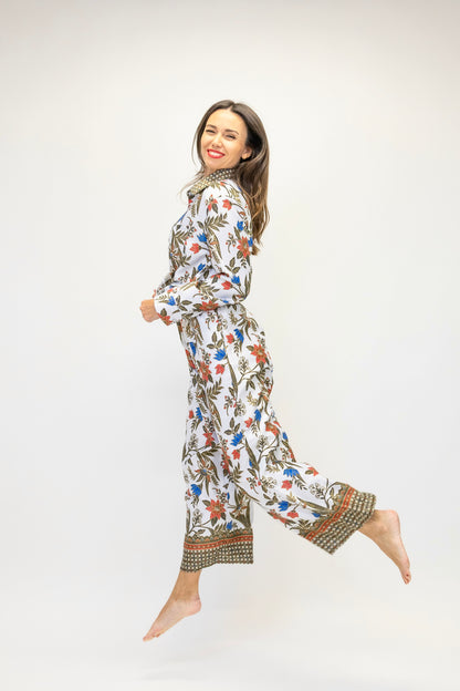 Women Floral 2 Piece Set, White Co Ord Outfit with Shirt and Wide Leg Pants, Boho Matching Set, Resort Wear