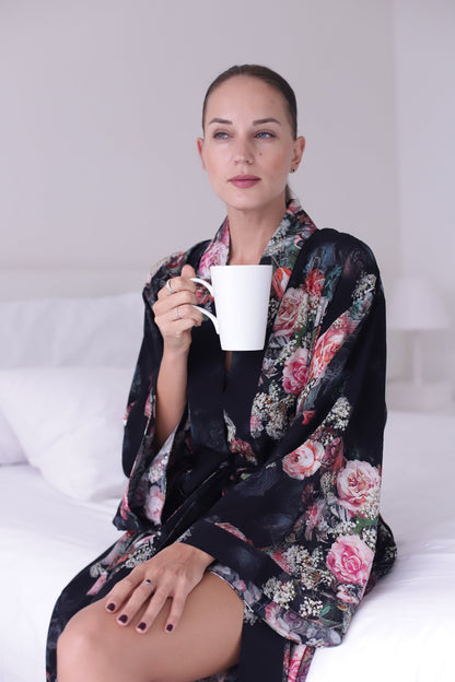 Floral Black Kimono Robe - Long Silk Blend Dressing Gown