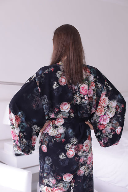 Floral Black Kimono Robe - Long Silk Blend Dressing Gown