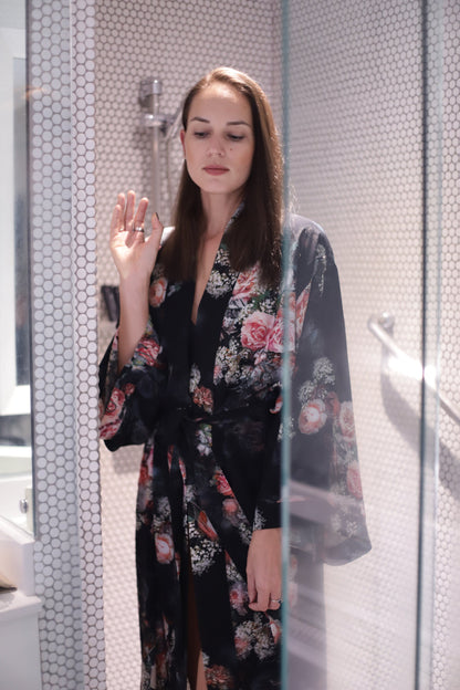 Floral Black Kimono Robe - Long Silk Blend Dressing Gown