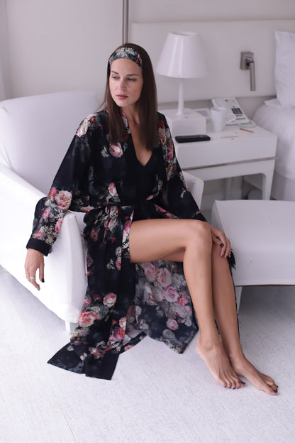 Floral Black Kimono Robe - Long Silk Blend Dressing Gown