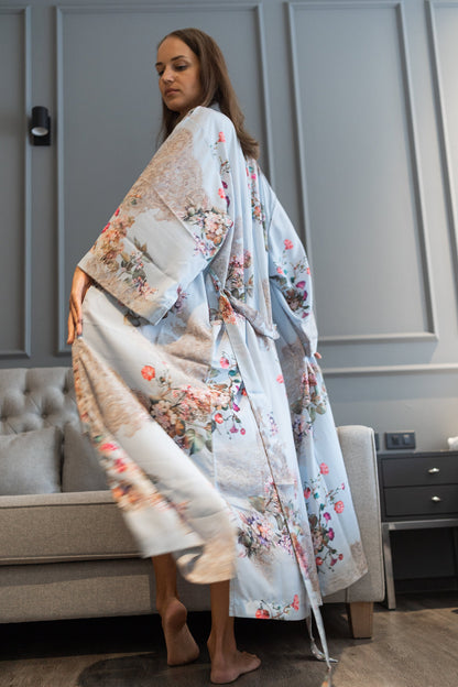 Floral Skyblue Silk Kimono Robe Bridesmaid Robe Christmas Bohemian  Kimono Robe Gift  Women Silk Kimono Robe Gift Bridesmaid  Silk long Robe