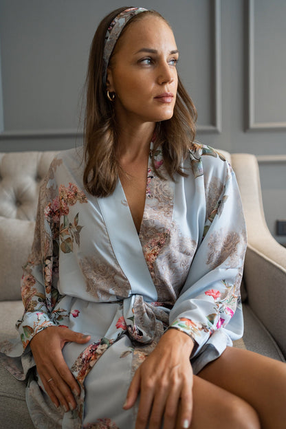 Floral Skyblue Silk Kimono Robe Bridesmaid Robe Christmas Bohemian  Kimono Robe Gift  Women Silk Kimono Robe Gift Bridesmaid  Silk long Robe