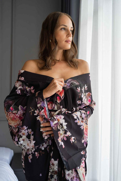 Floral Handmade  Silk Kimono Robe long  -Long Night Gown Dress for Women - Silk Boho Kimono Robe - Floral Handmade Silk bland kimono