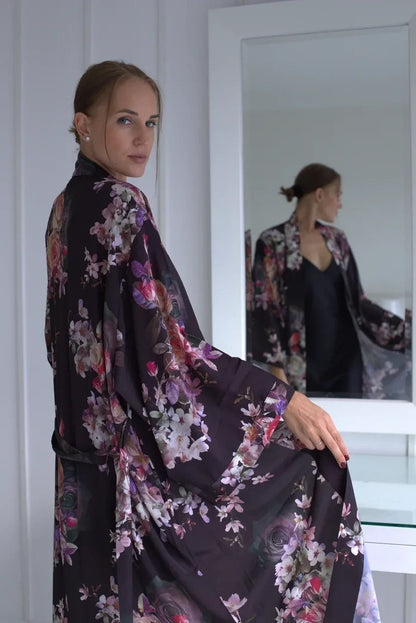 Floral Handmade  Silk Kimono Robe long  -Long Night Gown Dress for Women - Silk Boho Kimono Robe - Floral Handmade Silk bland kimono