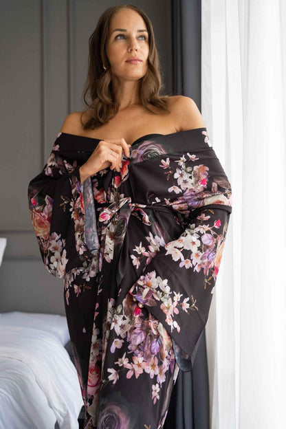 Floral Handmade  Silk Kimono Robe long  -Long Night Gown Dress for Women - Silk Boho Kimono Robe - Floral Handmade Silk bland kimono