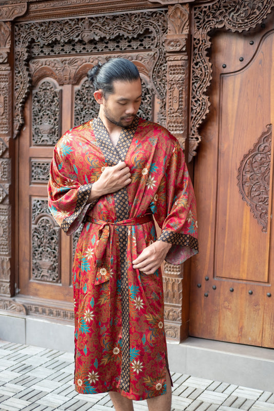 Red Bali Boho men's kimono robe, gift for loved one,silk kimono robe long, unisex kimono robe.