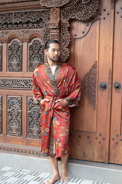 Red Bali Boho men's kimono robe, gift for loved one,silk kimono robe long, unisex kimono robe.