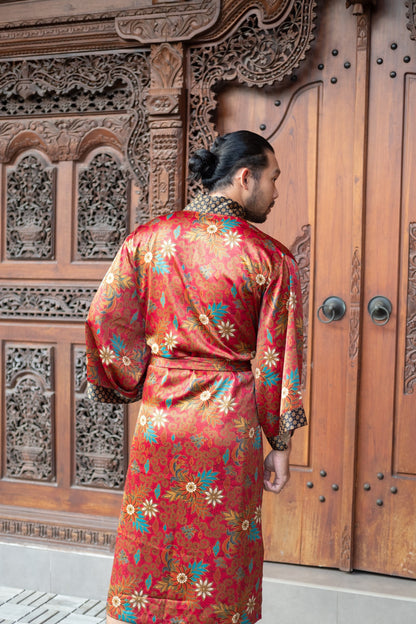 Red Bali Boho men's kimono robe, gift for loved one,silk kimono robe long, unisex kimono robe.
