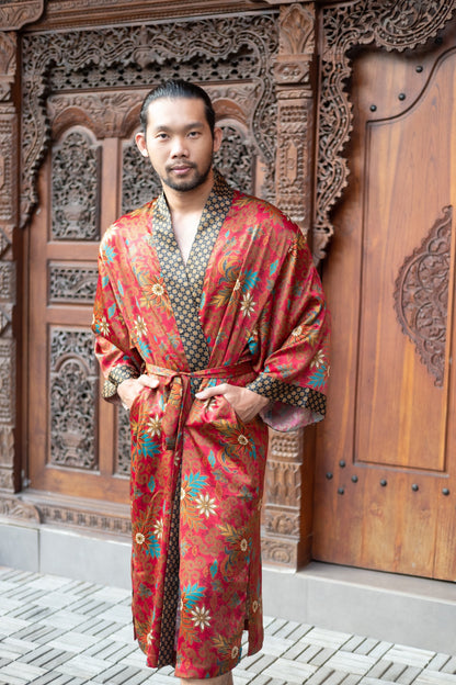 Red Bali Boho men's kimono robe, gift for loved one,silk kimono robe long, unisex kimono robe.