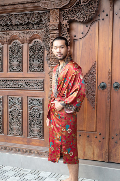 Red Bali Boho men's kimono robe, gift for loved one,silk kimono robe long, unisex kimono robe.