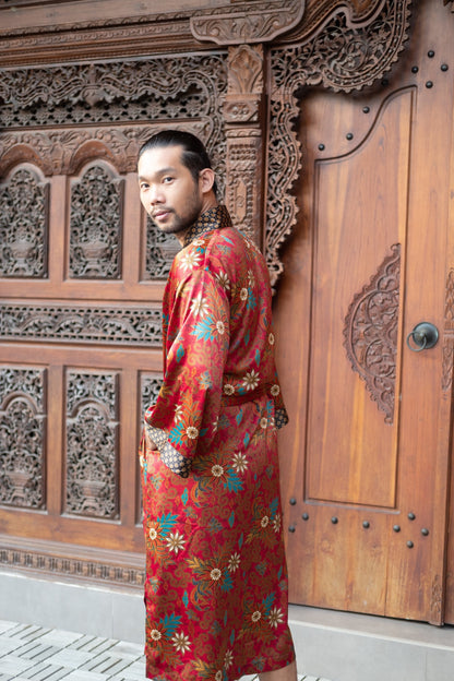 Red Bali Boho men's kimono robe, gift for loved one,silk kimono robe long, unisex kimono robe.