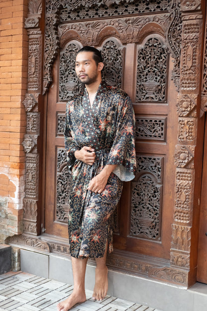Black Men Robe, Silk Blend Kaftan, Kimono robe, Gift for men