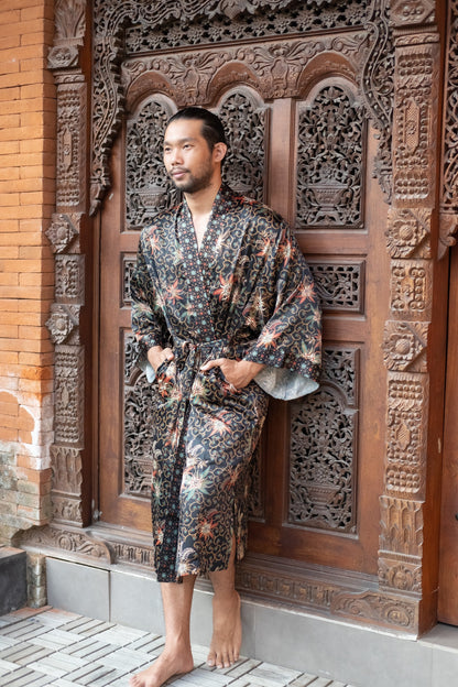 Black Men Robe, Silk Blend Kaftan, Kimono robe, Gift for men