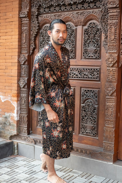 Black Men Robe, Silk Blend Kaftan, Kimono robe, Gift for men