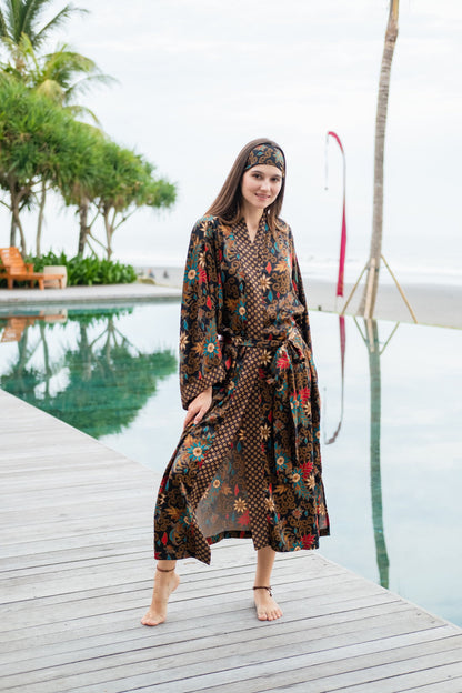 Floral Atlas Silk Kimono Robe for Women - Java Bali Batik Long Floral Bridesmaid Night Gown - Bridal Party Wear Dress Christmas Gift for Her