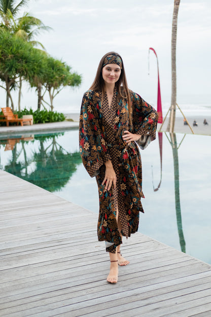 Floral Atlas Silk Kimono Robe for Women - Java Bali Batik Long Floral Bridesmaid Night Gown - Bridal Party Wear Dress Christmas Gift for Her