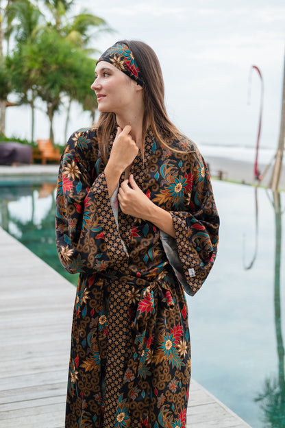 Floral Atlas Silk Kimono Robe for Women - Java Bali Batik Long Floral Bridesmaid Night Gown - Bridal Party Wear Dress Christmas Gift for Her