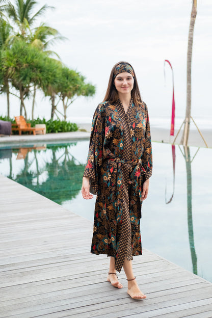 Floral Atlas Silk Kimono Robe for Women - Java Bali Batik Long Floral Bridesmaid Night Gown - Bridal Party Wear Dress Christmas Gift for Her