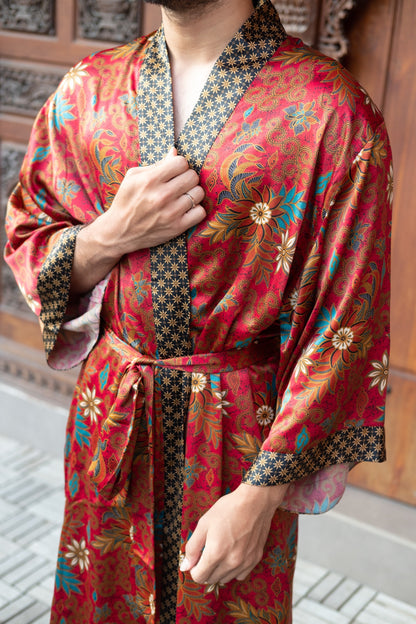 Red Bali Boho men's kimono robe, gift for loved one,silk kimono robe long, unisex kimono robe.